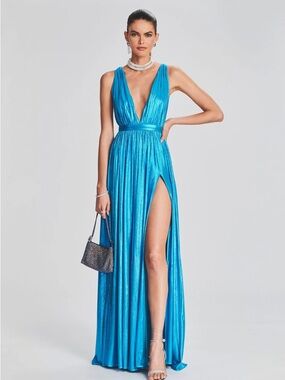 Retrofete Tova Vibrant Turquoise Plunging V-Neck Gown with High Slit